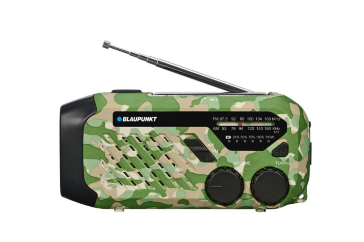 Wielofunkcyjne radio alarmowe Blaupunkt ER10GC SURVIVAL w jaskrawej, zielonej obudowie.