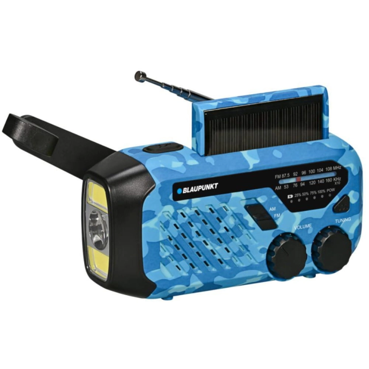 Radio Blaupunkt ER10BC SURVIVAL z widocznym cyfrowym wyświetlaczem i anteną teleskopową.