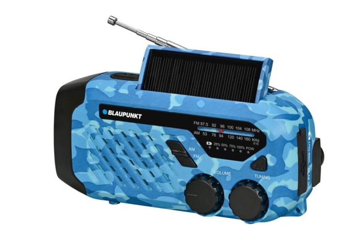 Wielofunkcyjne radio alarmowe Blaupunkt ER10BC SURVIVAL w jaskrawej, pomarańczowej obudowie.