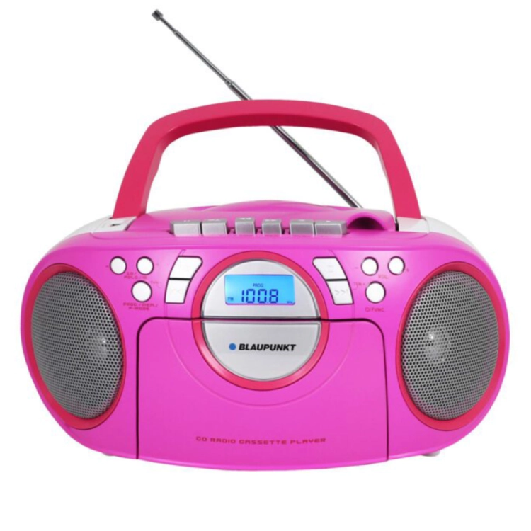 Przenośny radioodtwarzacz boombox Blaupunkt BB16PK w stylowej, różowej obudowie.