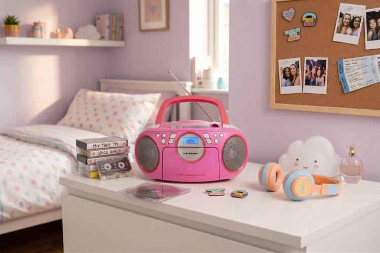Port USB oraz wejście audio AUX na froncie obudowy modelu boombox Blaupunkt BB16PK.