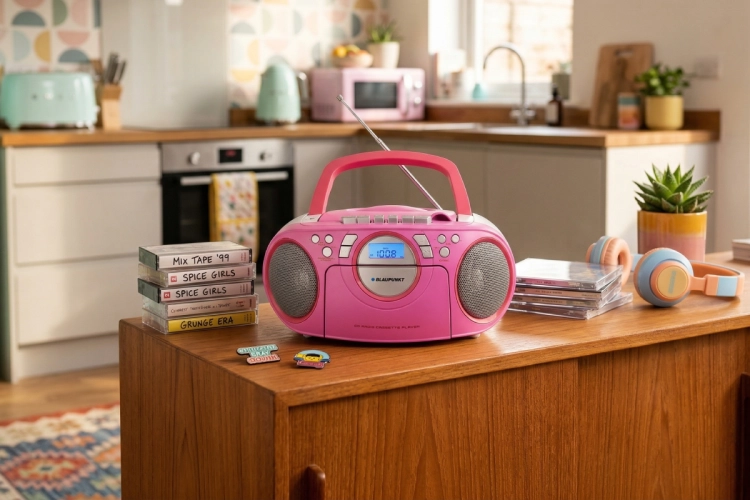 Rozłożona antena teleskopowa zapewniająca stabilny odbiór radia FM w urządzeniu boombox Blaupunkt BB16PK.