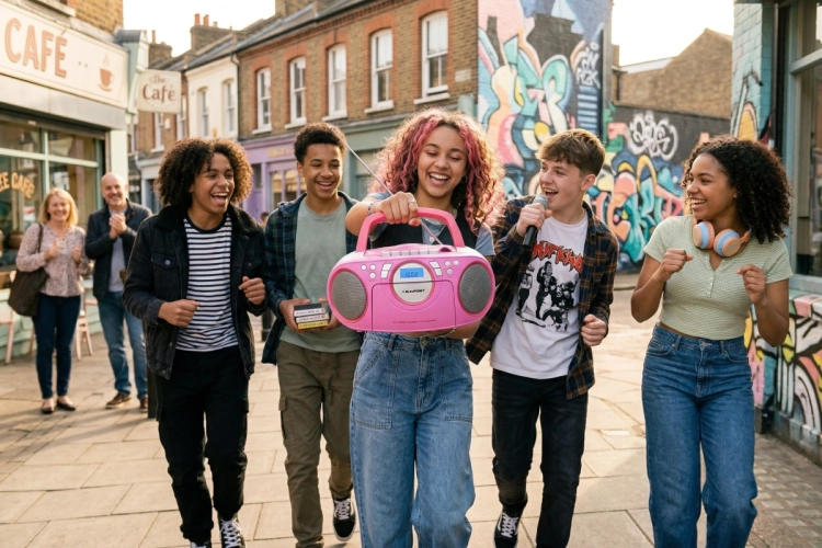 Wygodny, składany uchwyt do przenoszenia w kompaktowym modelu boombox Blaupunkt BB16PK.