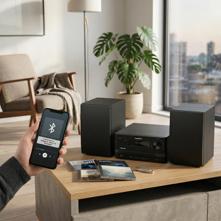 Bezprzewodowe odtwarzanie muzyki dzięki technologii Bluetooth w modelu Blaupunkt MS14BT.
