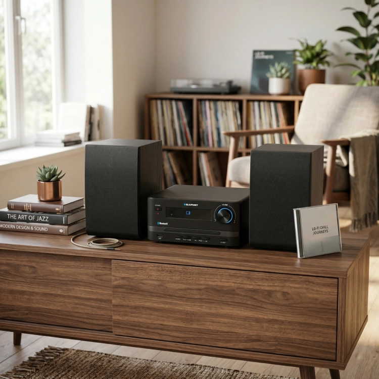 Pełny zestaw domowego sprzętu audio stereo, czyli elegancka mikrowieża Blaupunkt MS14BT.