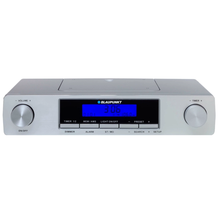 Podwieszane radio kuchenne Blaupunkt KR12SL z czytelnym wyświetlaczem LCD i srebrną obudową.