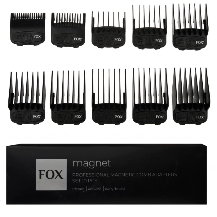 Kompletny zestaw 10 profesjonalnych nasadek magnetycznych FOX Magnet w czarnym kolorze.