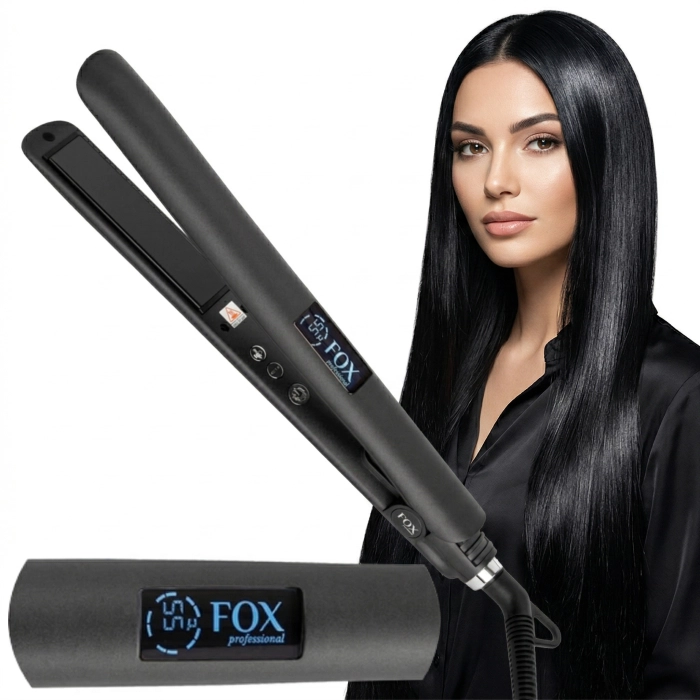 Profesjonalna prostownica do włosów FOX Fokstrot Narrow w eleganckiej czarnej obudowie z wyświetlaczem.
