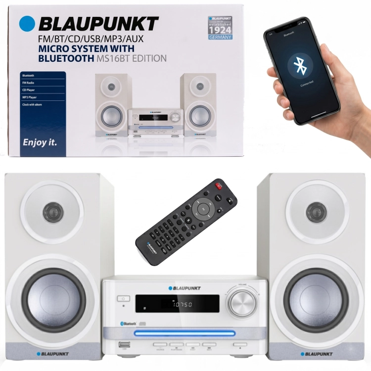Nowoczesna biała mikrowieża Blaupunkt MS16BT Edition z dwoma głośnikami stereofonicznnymi.