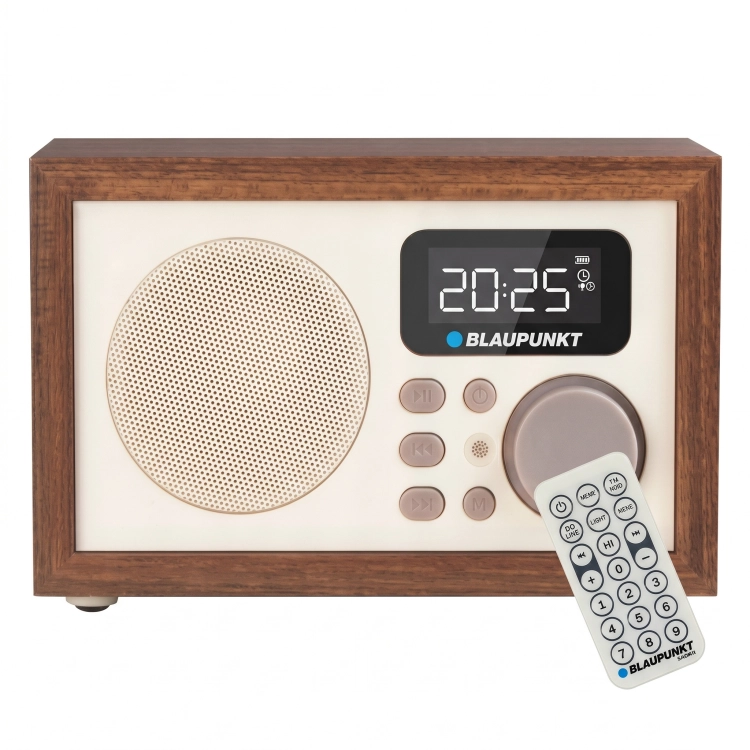 Kompaktowy radioodtwarzacz Blaupunkt HR5BR z eleganckim, drewnianym wykończeniem obudowy.