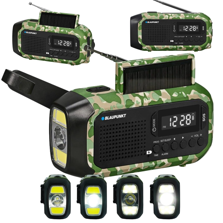 Przenośne radio alarmowe Blaupunkt ER20GC Survival w terenowej kolorystyce.