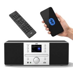 Nowoczesna mikrowieża JVC RD-E874B z radiem internetowym w czarno-srebrnym kolorze.