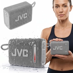 Przenośny głośnik Bluetooth JVC XS-E114G w nowoczesnym, szarym kolorze.