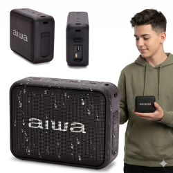 Przenośny głośnik Bluetooth AIWA BS-200BK w eleganckim czarnym kolorze z paskiem.