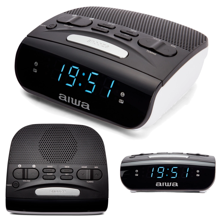 Nowoczesny radiobudzik AIWA CR-15 z czytelnym wyświetlaczem LED na szafce nocnej.