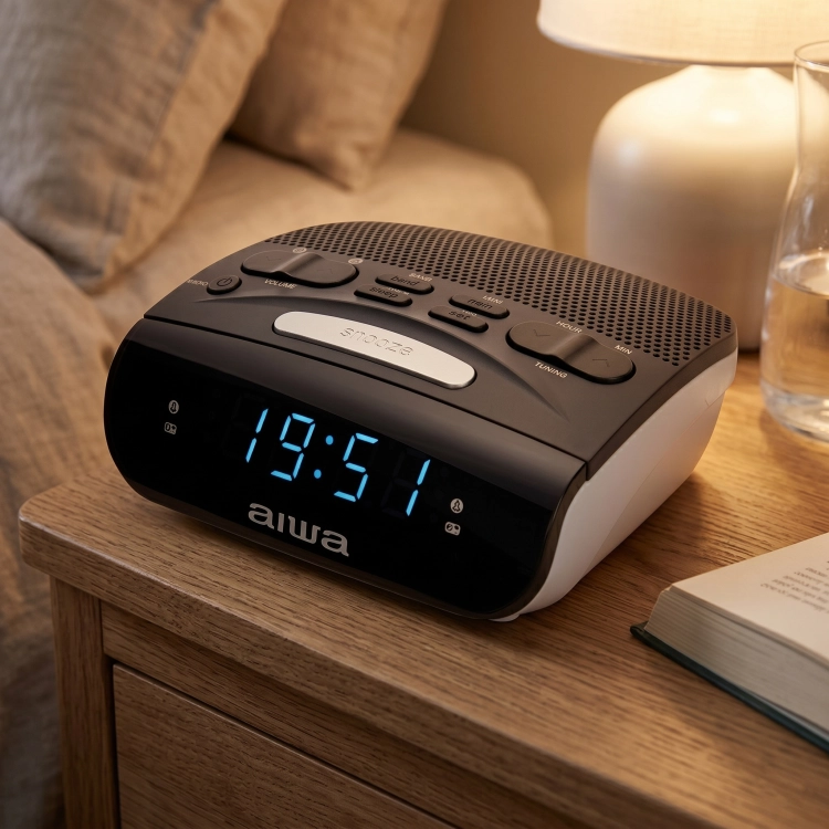 Cyfrowe radio AM/FM z syntezą PLL i pamięcią stacji w radiobudziku AIWA CR-15.