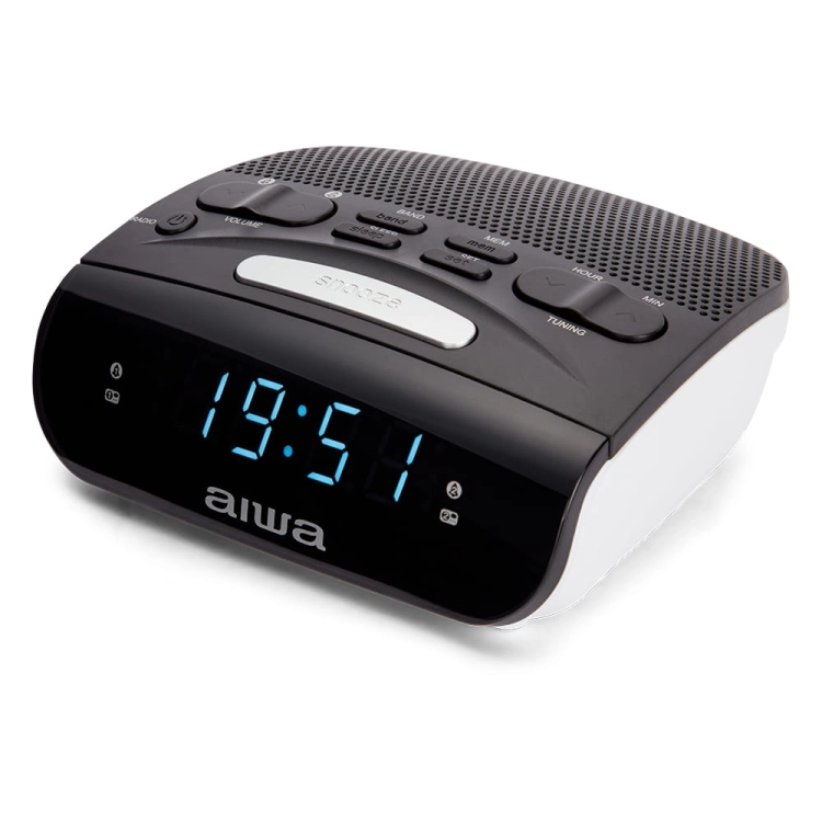 Kompaktowy radiobudzik AIWA CR-15 z funkcją bateryjnego podtrzymania pamięci zegara.