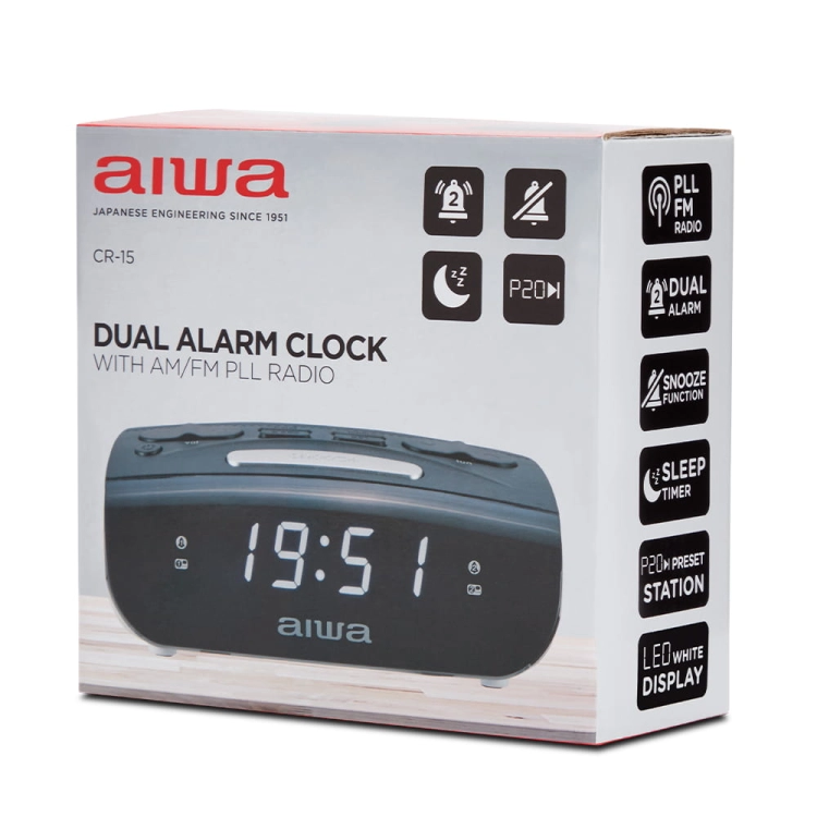 Radiobudzik AIWA CR-15 Radio FM AM Podwójny Alarm Drzemka Zegar Cyfrowy