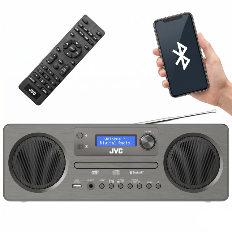 Kompaktowa mikrowieża JVC RD-E861B All-in-One w eleganckim, ciemnym wykończeniu.