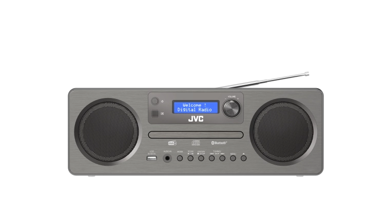 Cyfrowe radio DAB+ i czytelny wyświetlacz na froncie mikrowieży JVC RD-E861B.