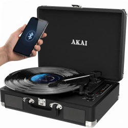 Przenośny gramofon walizkowy AKAI ATT-18BT w stylowej obudowie retro.