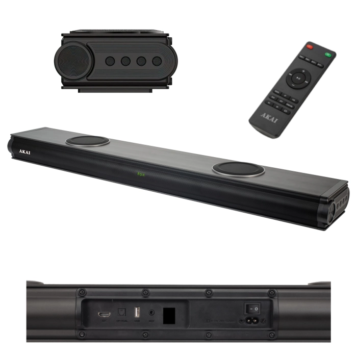 Nowoczesny soundbar AKAI ASB-29 2.2 o mocy 100W w eleganckim, czarnym wykończeniu.