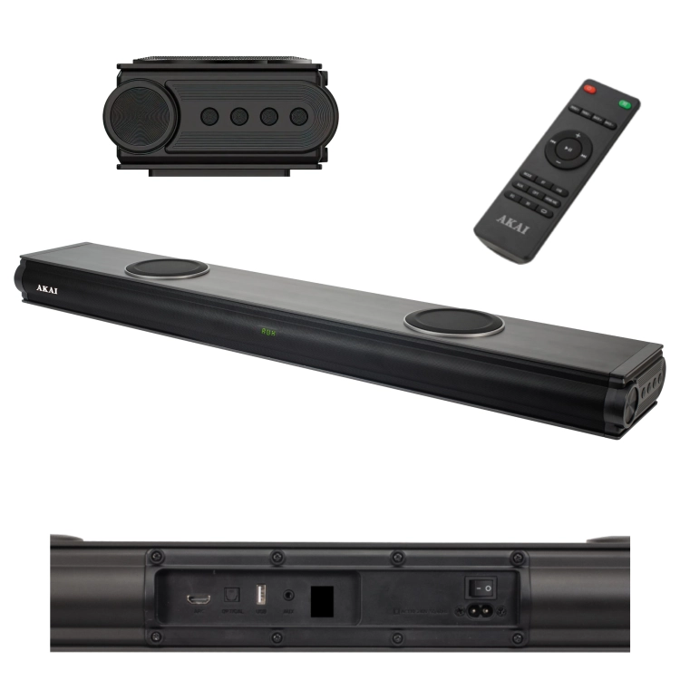 Nowoczesny soundbar AKAI ASB-29 2.2 o mocy 100W w eleganckim, czarnym wykończeniu.