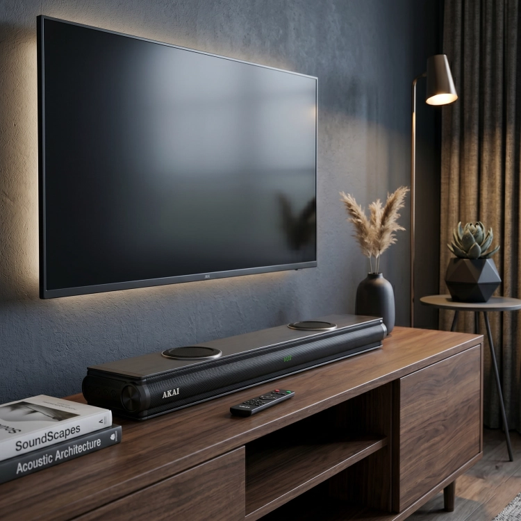 Soundbar AKAI ASB-29 z oferty Yago24.pl idealnie wkomponowany pod telewizorem w salonie.