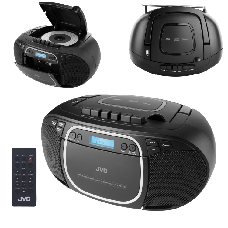 Przenośny radiomagnetofon z odtwarzaczem CD i kaset JVC RC-E561B w kolorze czarnym.