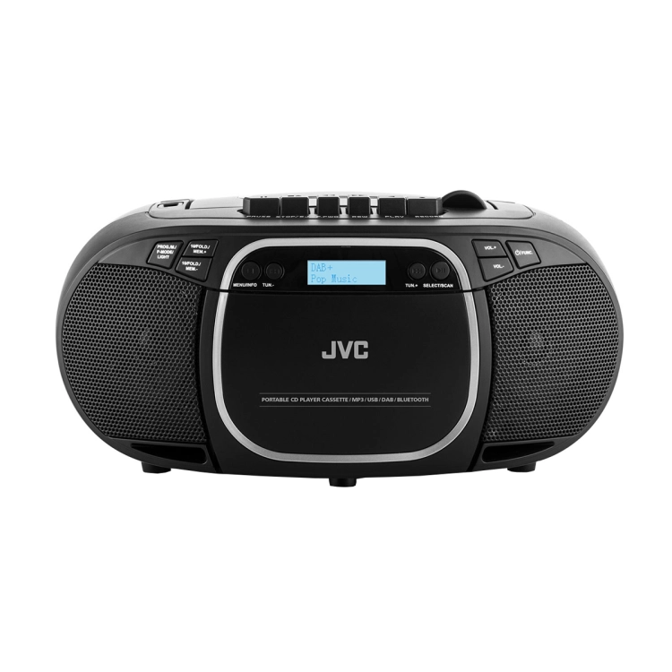 Klasyczny magnetofon kasetowy wbudowany w przedni panel urządzenia JVC RC-E561B.