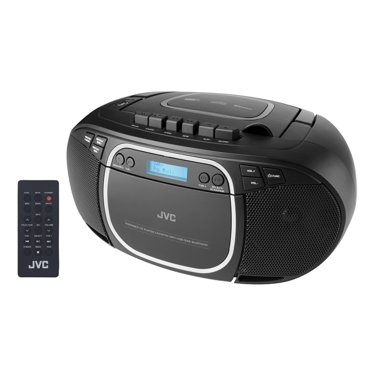 Czytelny wyświetlacz LCD oraz intuicyjne przyciski w odtwarzaczu audio JVC RC-E561B.
