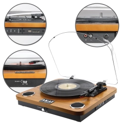 Klasyczny gramofon AKAI ATT-11BTN w stylu retro z wbudowanymi głośnikami.