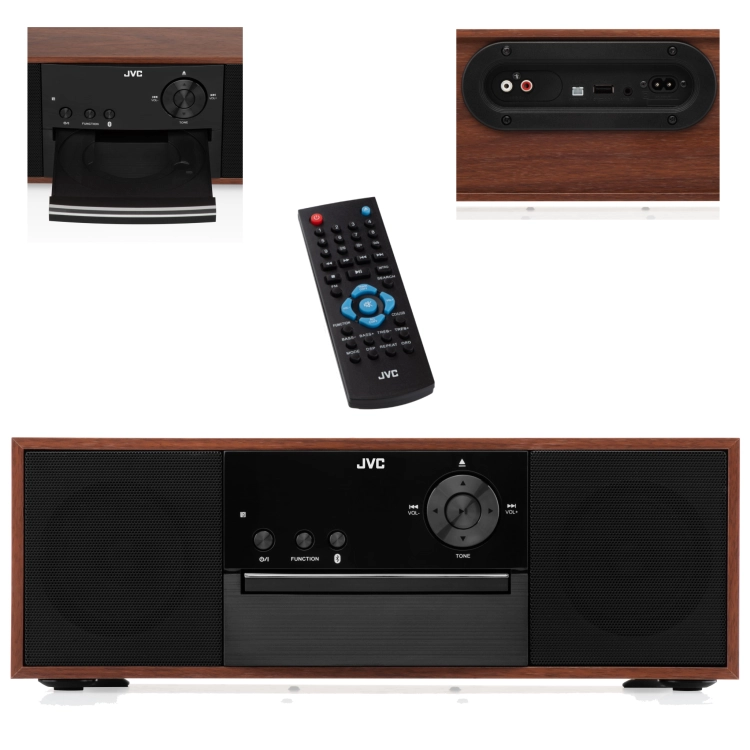 Kompaktowa wieża All-in-One JVC RD-E761 w eleganckiej, drewnianej obudowie.