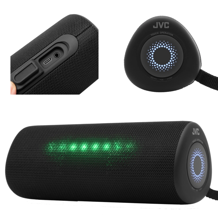 Przenośny głośnik Bluetooth JVC XS-E423B w odpornej na warunki atmosferyczne obudowie.