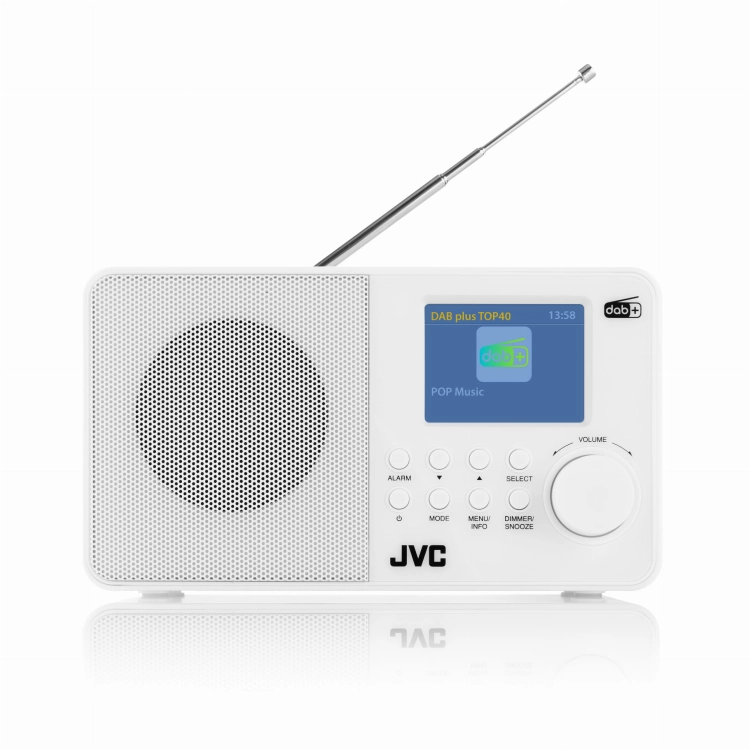 Czytelny wyświetlacz LCD i wygodne przyciski sterujące w białym radiu JVC RA-E611W.