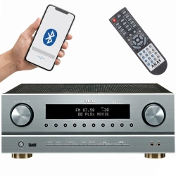 Potężny amplituner kina domowego AKAI AS005RA-750BT w eleganckiej obudowie.