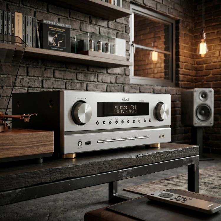 Wygodny pilot zdalnego sterowania dołączony do zestawu audio AKAI AS005RA-750BT.