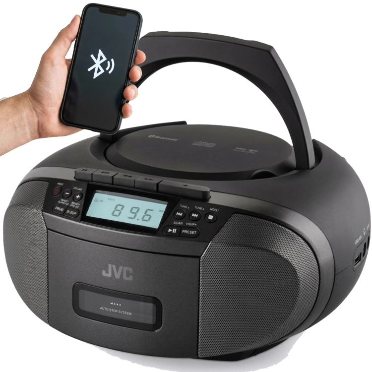 Przenośny radiomagnetofon JVC RC-E444B w czarnej, klasycznej obudowie.