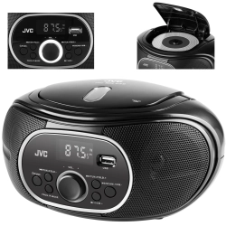 Przenośny radioodtwarzacz JVC RD-E221B w eleganckiej, czarnej obudowie.