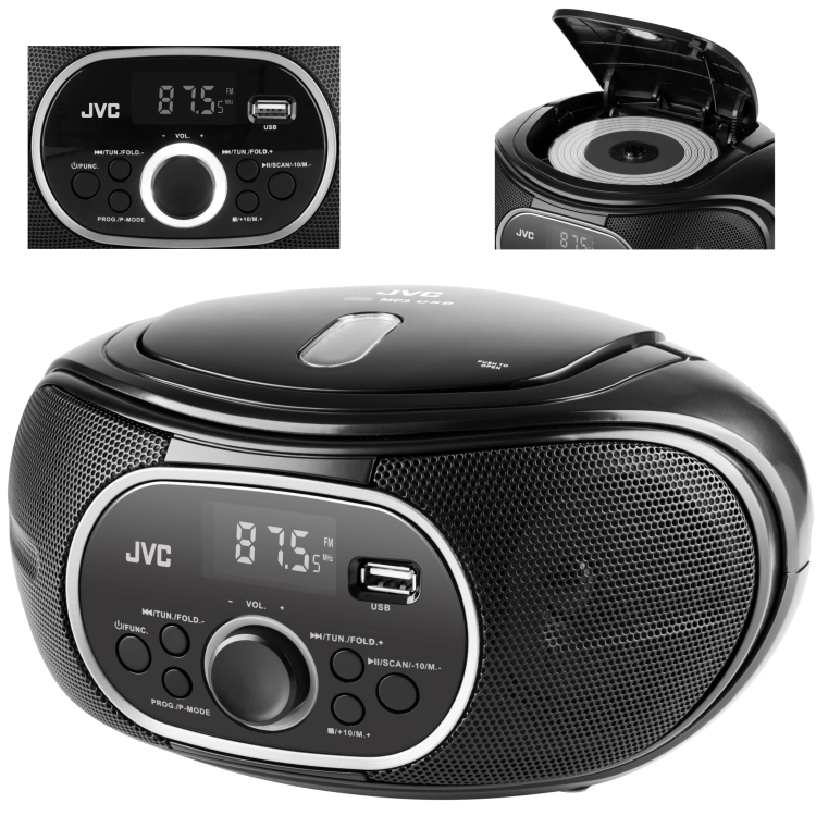 Przenośny radioodtwarzacz JVC RD-E221B w eleganckiej, czarnej obudowie.