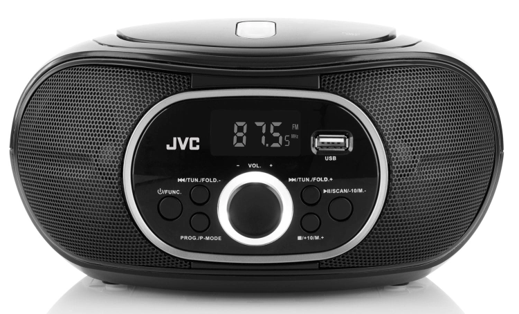 Szerokopasmowe głośniki stereo osłonięte maskownicą w czarnym odtwarzaczu JVC RD-E221B z Yago24.pl.