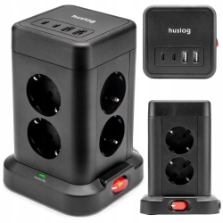 Nowoczesny przedłużacz pionowy z USB Huslog HUS1004 o uniwersalnej konstrukcji wieżowej.
