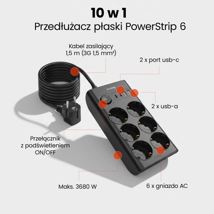 Przedłużacz Płaski Listwa Huslog HUS1052 2xUSB-A 2xUSB-C 3680W