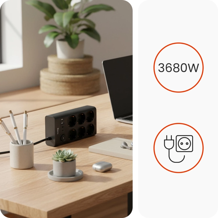 Przedłużacz Płaski Listwa Huslog HUS1052 2xUSB-A 2xUSB-C 3680W