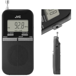 Kompaktowe radio przenośne JVC RA-E411B z cyfrowym tunerem FM i ekranem.