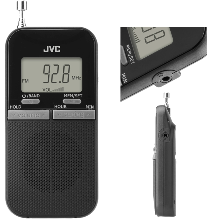 Kompaktowe radio przenośne JVC RA-E411B z cyfrowym tunerem FM i ekranem.
