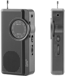 Kompaktowe i lekkie radio przenośne JVC RA-E311B w klasycznej, czarnej obudowie.