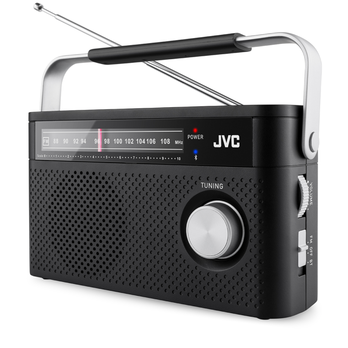 Wygodne, analogowe pokrętła strojenia i głośności w radiu JVC RA-E315B.