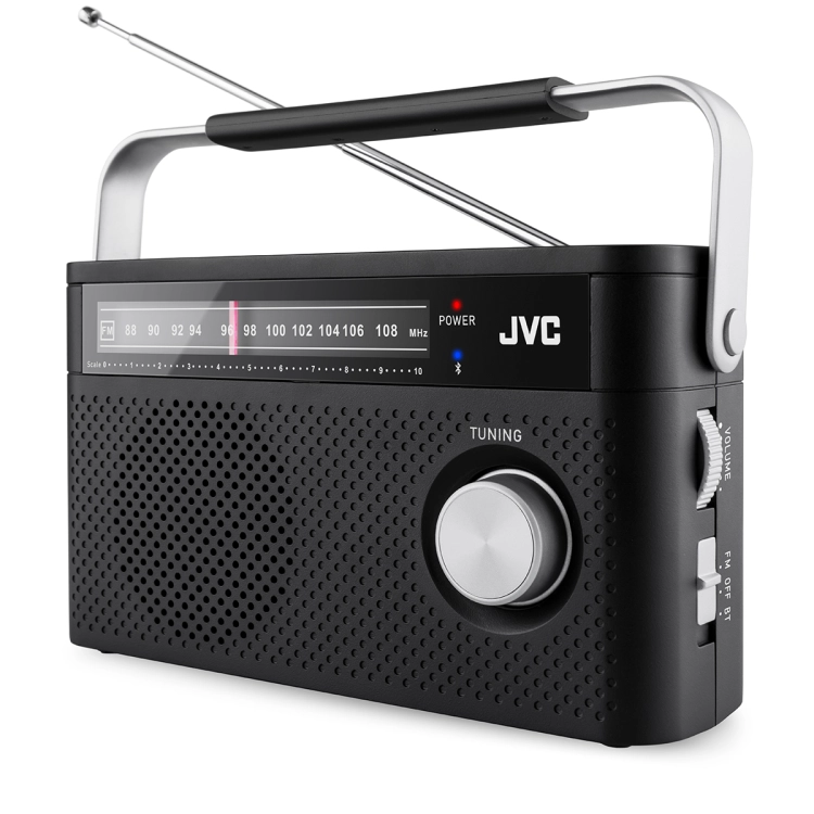 Wygodne, analogowe pokrętła strojenia i głośności w radiu JVC RA-E315B.