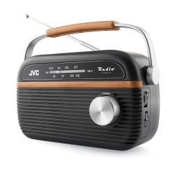 Kompaktowe radio przenośne JVC RA-E215G w eleganckiej, szarej obudowie.